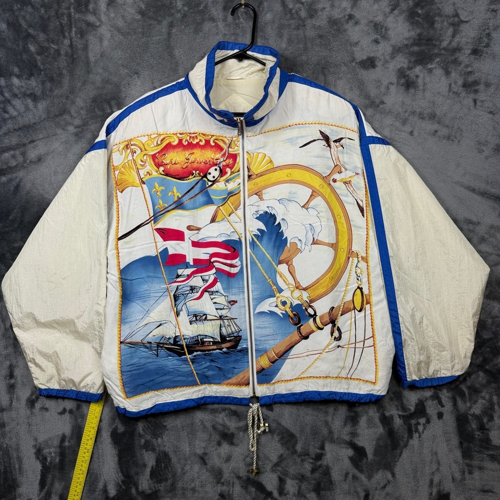 East West Windbreaker Jacket Men Large White Excellent Nautical Sailing Ship 90s